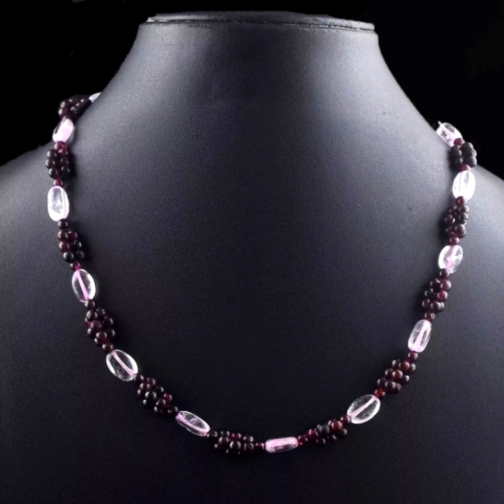 Red Garnet & White Clear Quartz 136 Cts Beaded Natural Gemstone 17" Necklace - Picture 3 of 8